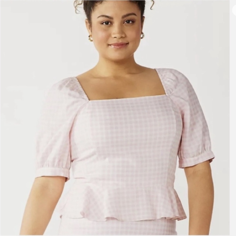 Draper James Pink and White Gingham Peplum Puff Sleeve Blouse Sz S